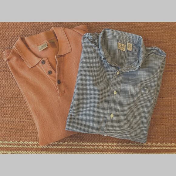 L. L. Bean Lot of 2 SS Shirts Salmon Polo/Blue Plaid ButtonUp‎ Size Large - Picture 1 of 6